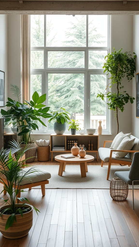 A bright and airy Boho Mid-Century Modern living room with plants, wooden furniture, and natural light.