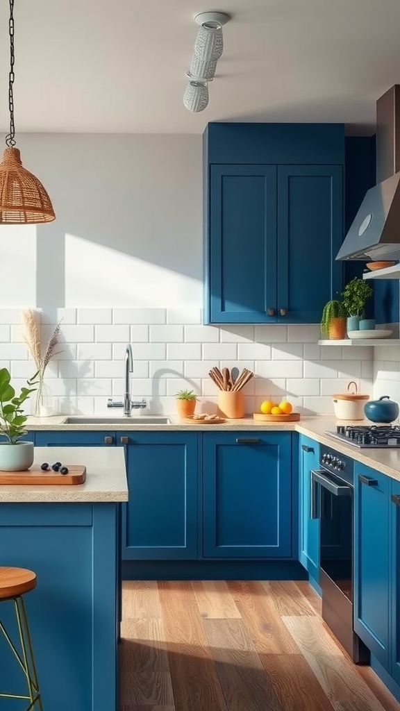 A blue and white kitchen featuring blue cabinets, a light countertop, and natural wood flooring