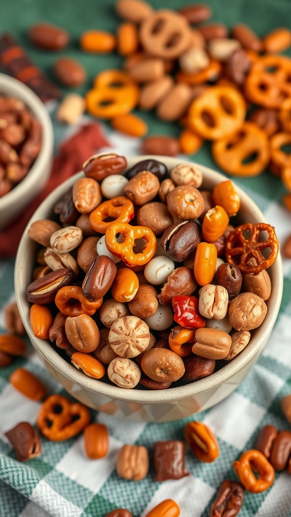 A bowl filled with sweet and spicy meat snack mix, perfect for parties.