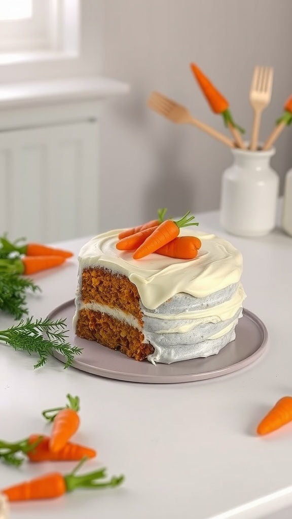 A beautiful Sweetheart Carrot Cake with cream frosting and small carrot decorations.