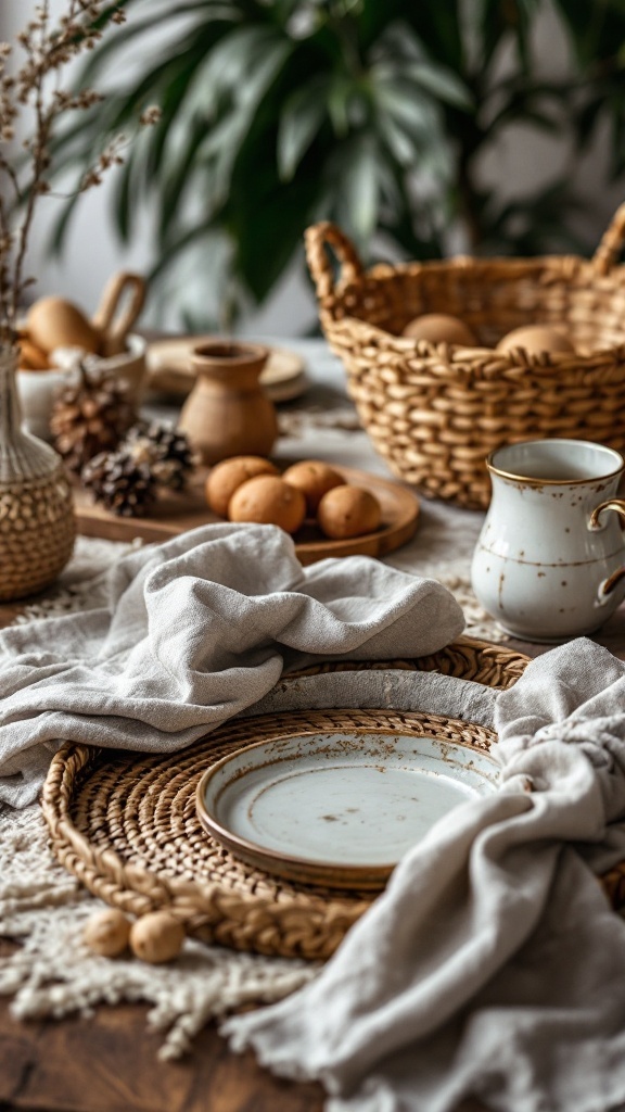 A beautifully arranged breakfast in bed setup with textured accessories including woven placemats, pottery, and soft linens.