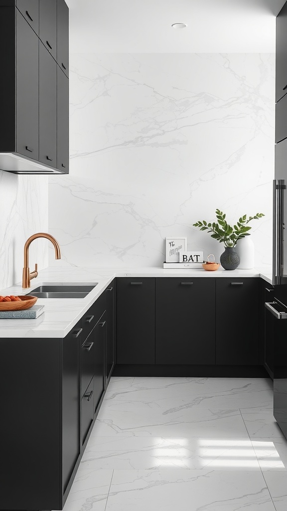 Modern kitchen with black cabinets and textured white marble countertops