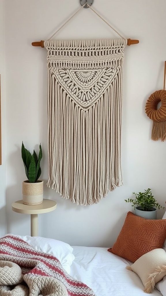 A macramé wall hanging in a cozy bedroom with a plant and decorative elements.