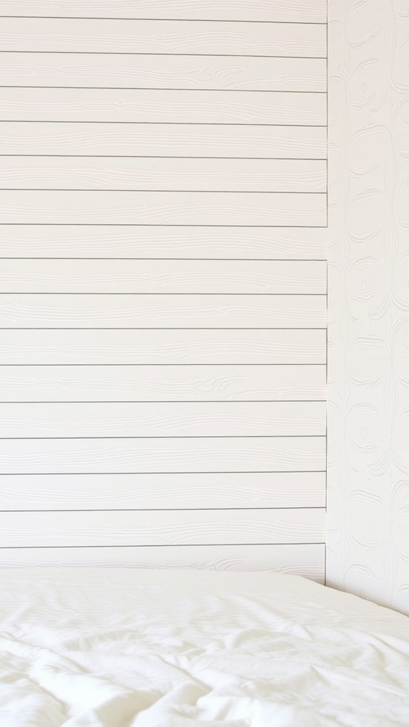 Textured wall treatments in a cozy bedroom with a combination of horizontal and patterned walls.