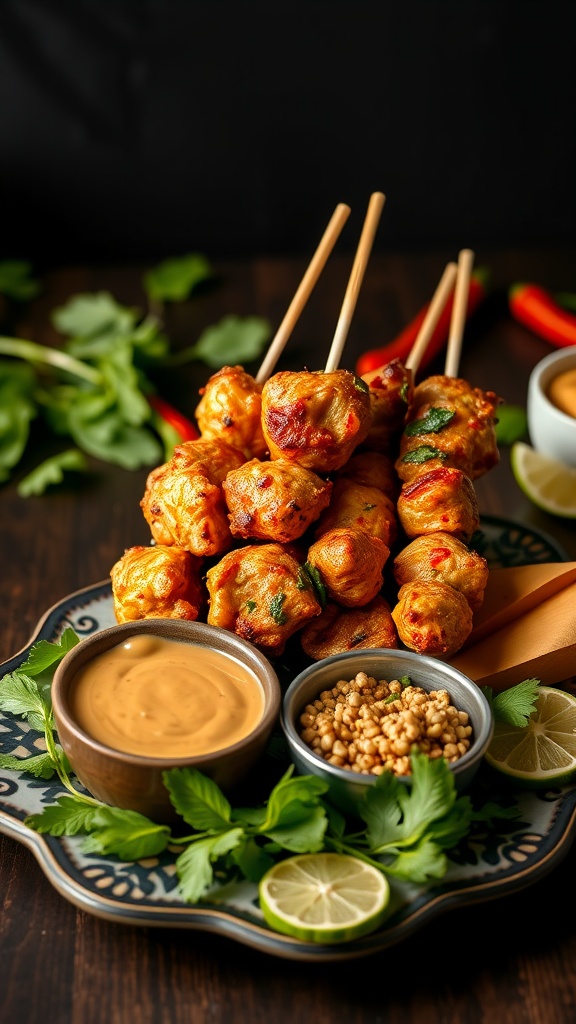 Grilled Thai chicken satay skewers with peanut sauce and garnishes