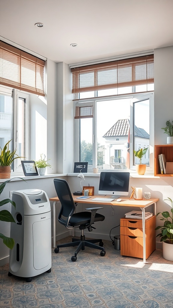 A small home office with a desk, computer, air purifier, and plants near windows.