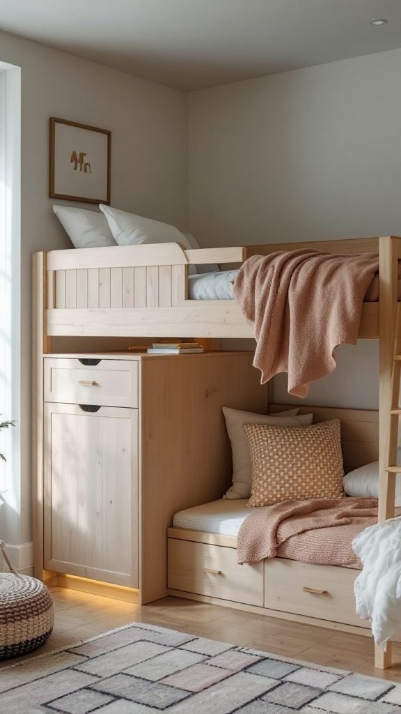 Cozy twin loft bed with wooden frame and soft blankets in a bright room