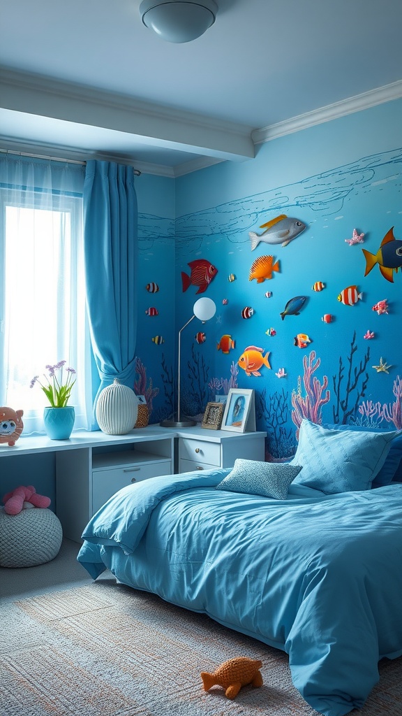 A boy's bedroom decorated with an underwater theme featuring blue walls, colorful fish, and coral designs.