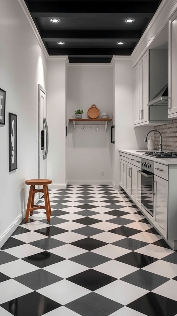 A modern kitchen with black and white checkerboard flooring, white cabinets, and a wooden stool.