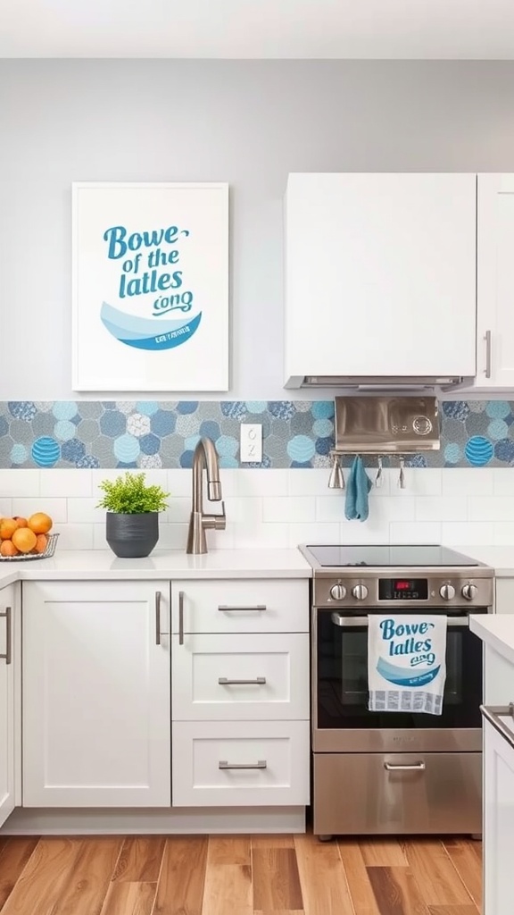 A modern blue and white kitchen featuring artistic decor, a patterned backsplash, and clean cabinetry.