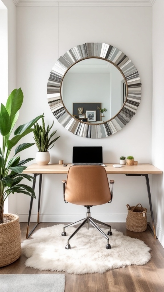 A small home office with mirrors, elegant decor, and a clean workspace
