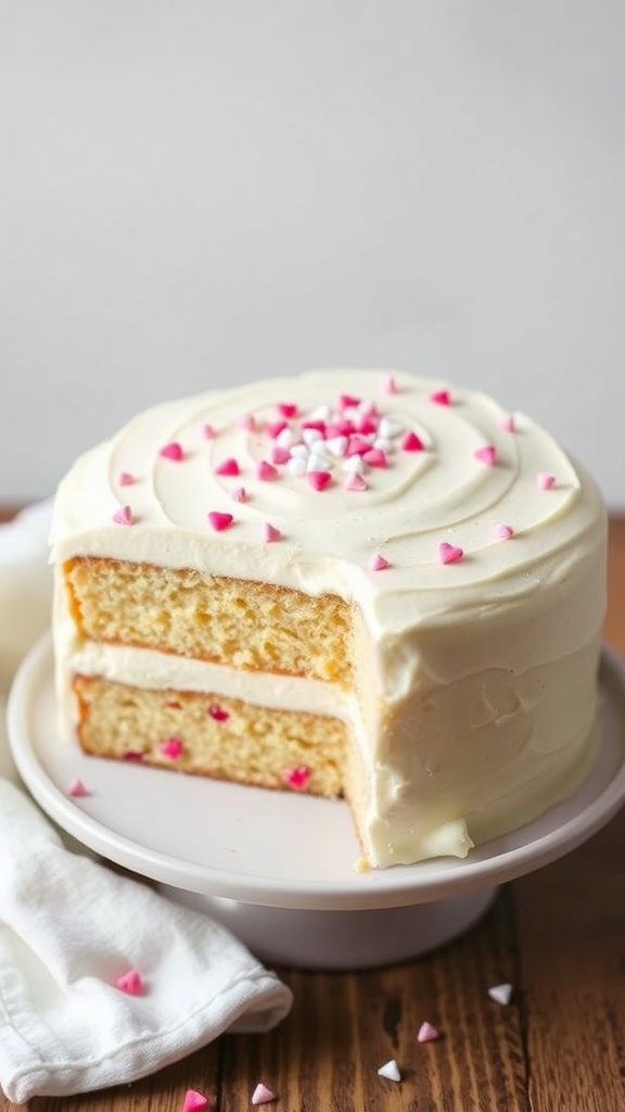 A vanilla bean cake with heart-shaped sprinkles on top, showcasing its moist layers.