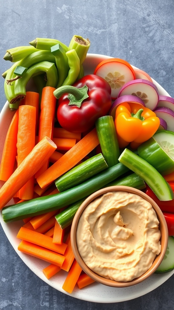 A colorful vegetable platter with carrot sticks, cucumber slices, bell pepper strips, celery sticks, cherry tomatoes, radish slices, and a bowl of hummus.