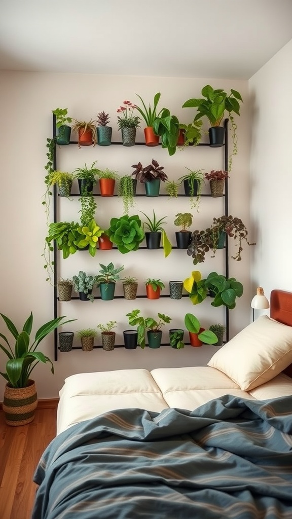 A vertical garden featuring various plants on shelves in a small bedroom.