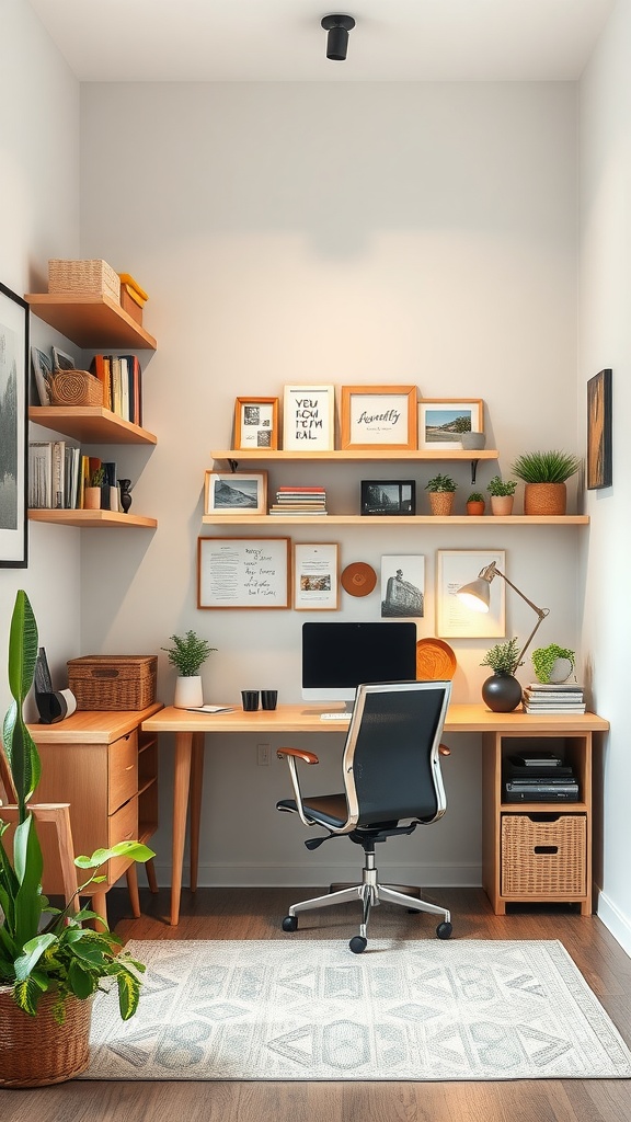 A small home office featuring vertical storage with shelves, a desk, a chair, and plants.