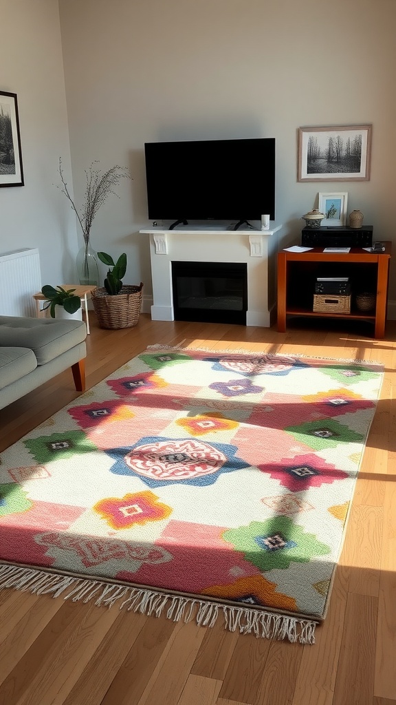 A vibrant area rug with colorful patterns in a living room