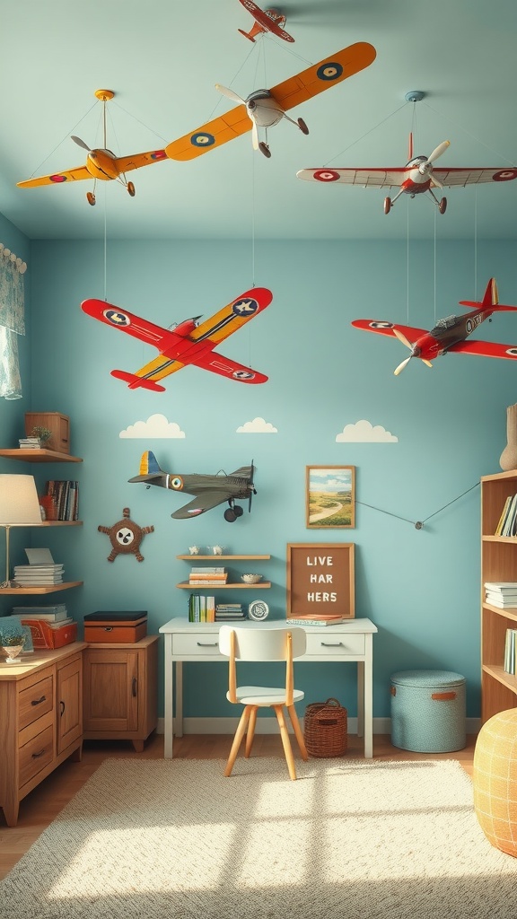 A vintage airplane themed bedroom with hanging model planes and a blue wall color