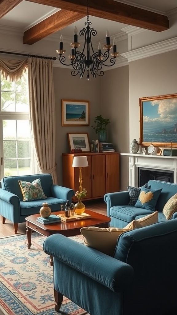 A cozy living room featuring blue vintage sofas, wooden accents, and decorative elements, combining classic and modern styles.