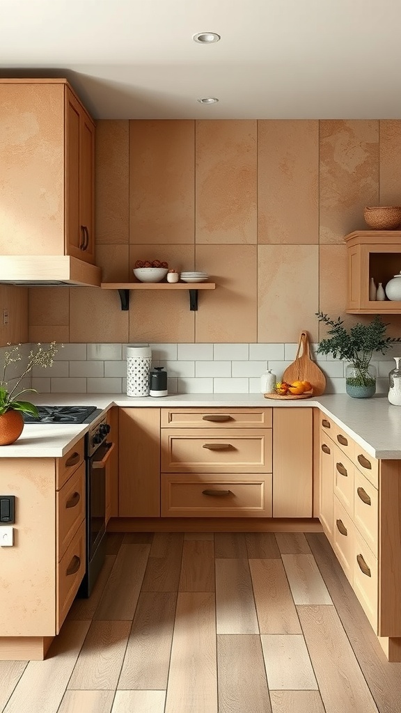 A kitchen featuring warm sandstone cabinets, light wooden flooring, and a bright atmosphere.