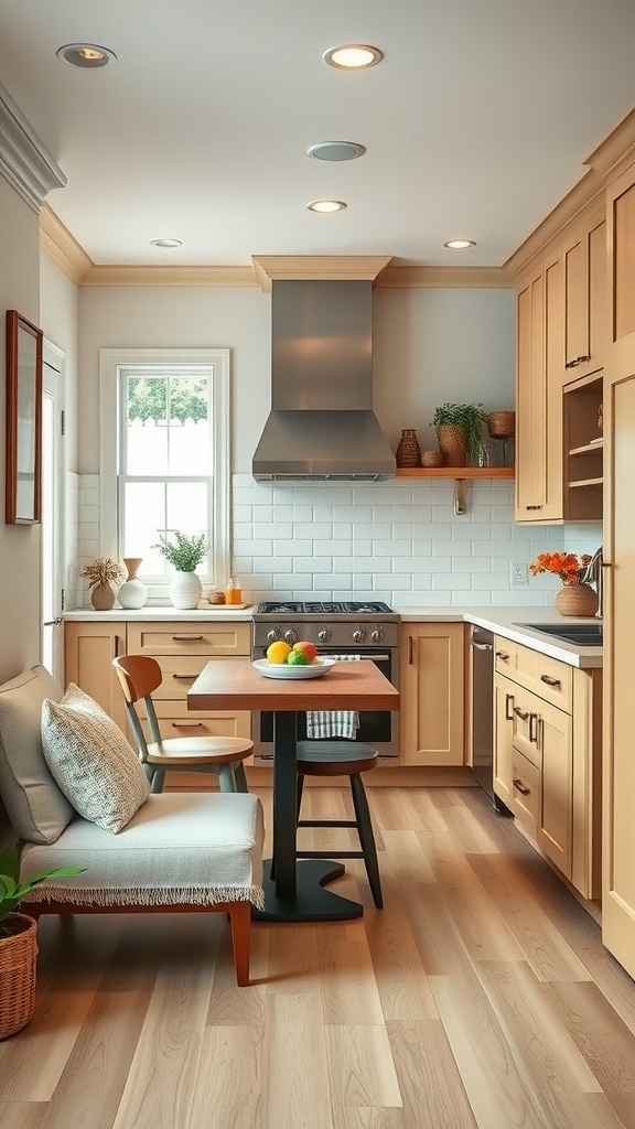 A cozy kitchen featuring beige cabinets in a warm vanilla bean color, with a small dining area and natural decor.