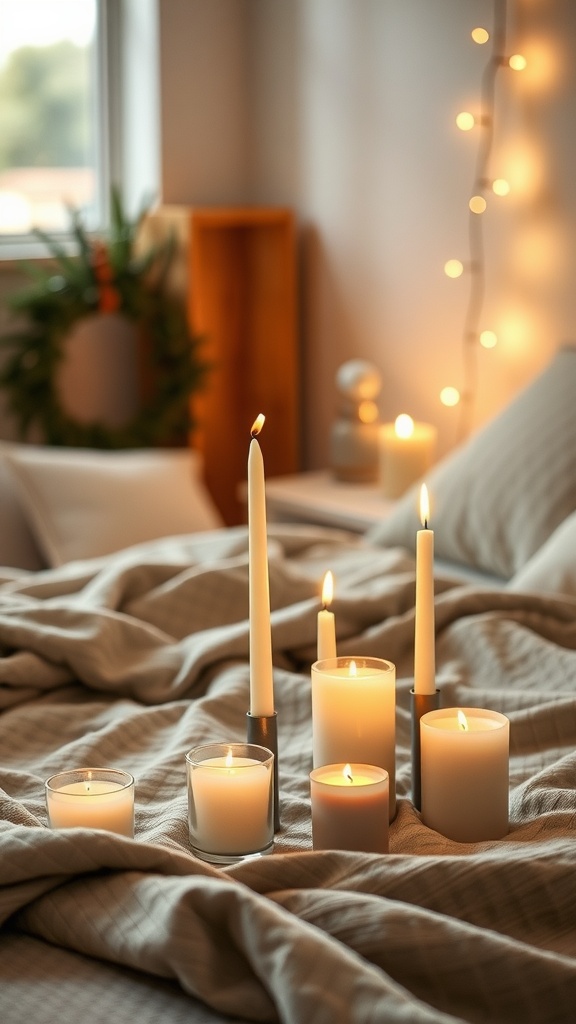 A cozy bedroom scene featuring various candles displayed on a bed with soft bedding.
