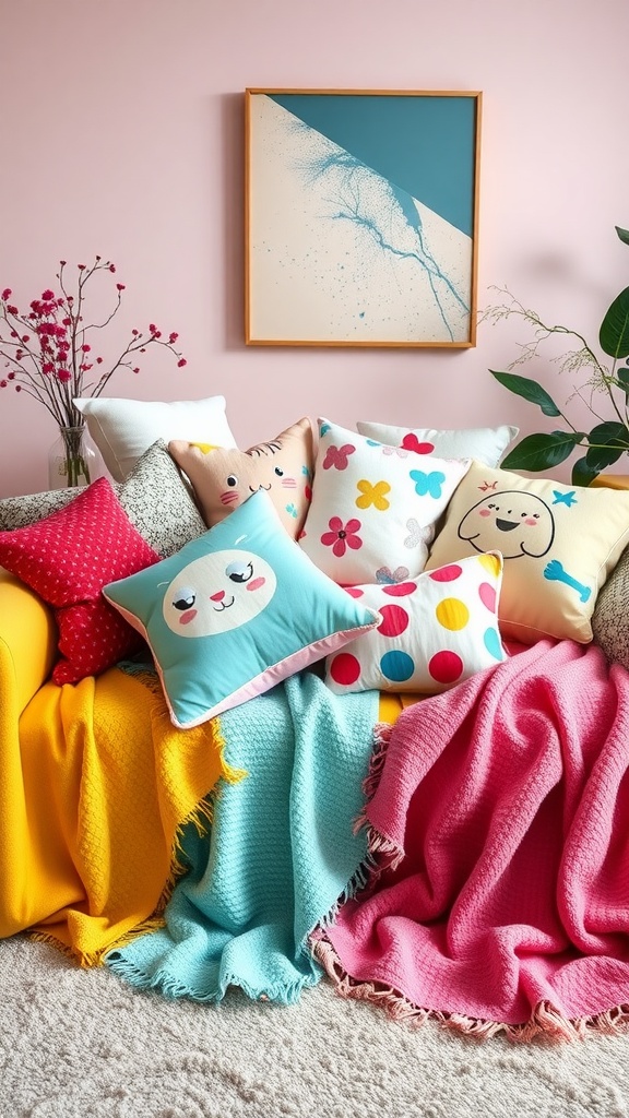 A cozy sofa with colorful cushions and soft throws, creating a cheerful spring atmosphere.