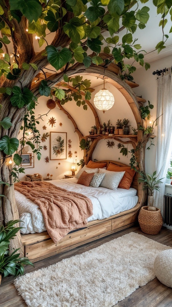 A whimsical bedroom featuring tree-like structures, greenery, and a cozy bed.