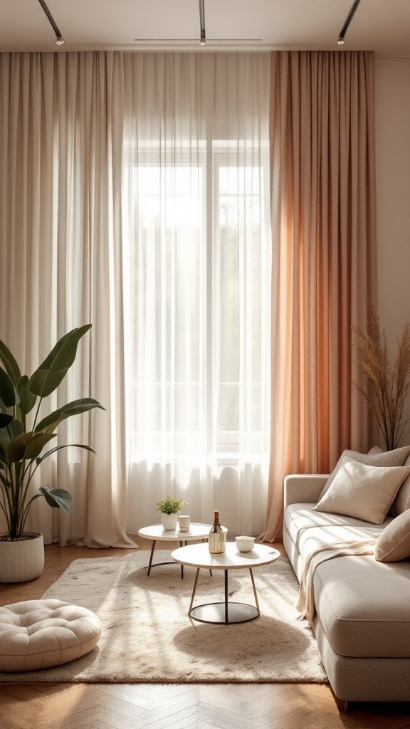 A living room with soft, light curtains allowing natural light to filter in.