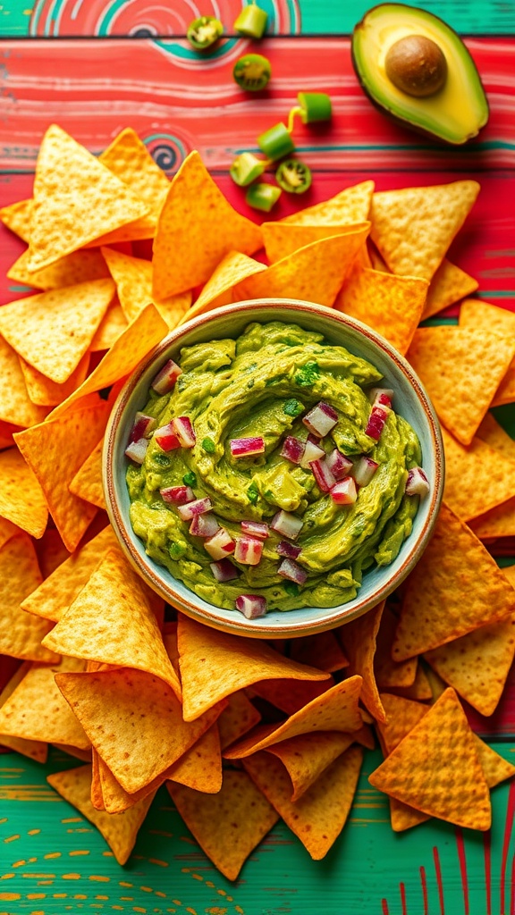 A bowl of guacamole surrounded by tortilla chips