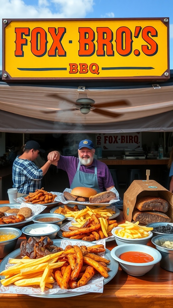 A vibrant display of BBQ dishes at Fox Bros. BBQ, featuring meats, fries, and sauces.