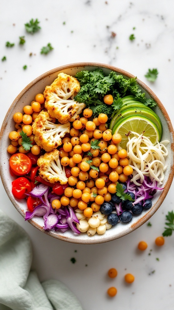 A vibrant Buddha bowl featuring roasted cauliflower, chickpeas, kale, cherry tomatoes, and fresh herbs.