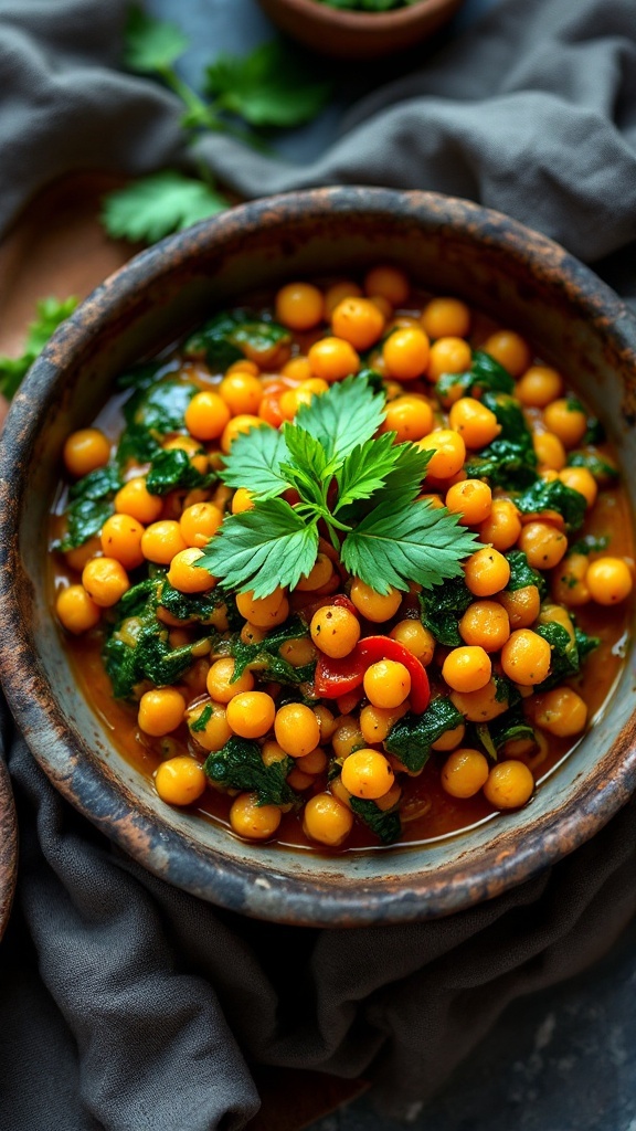 A bowl of chickpea and spinach coconut curry garnished with fresh herbs.