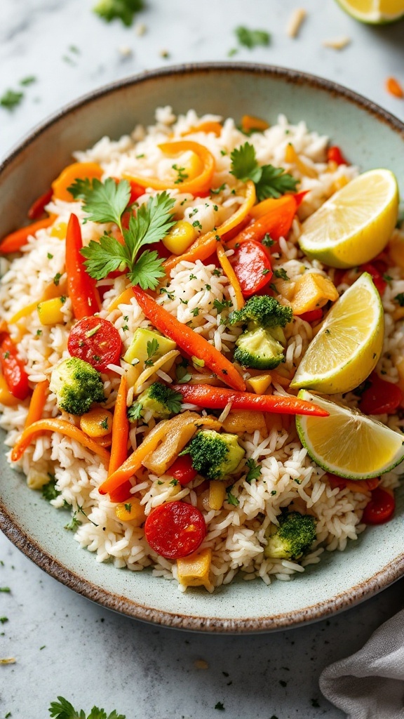 A bowl of coconut lime rice topped with mixed vegetables and lime wedges.