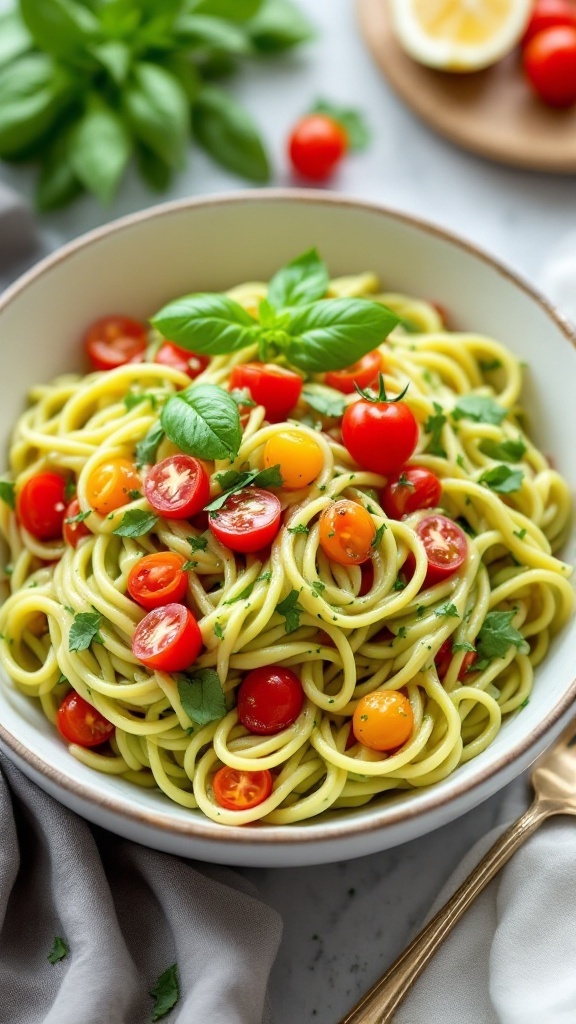 A bowl of creamy avocado pasta topped with cherry tomatoes and basil.