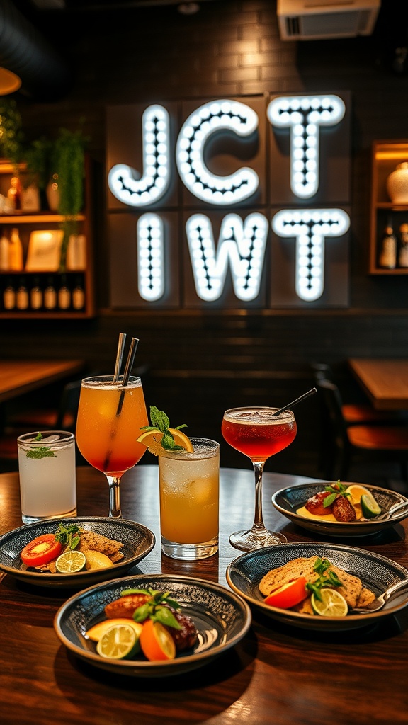 Table with drinks and tapas at JCT. Kitchen & Bar in Atlanta.