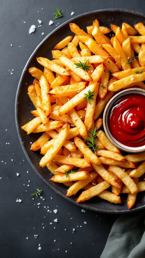 A plate of crispy baked french fries with a small bowl of homemade ketchup.