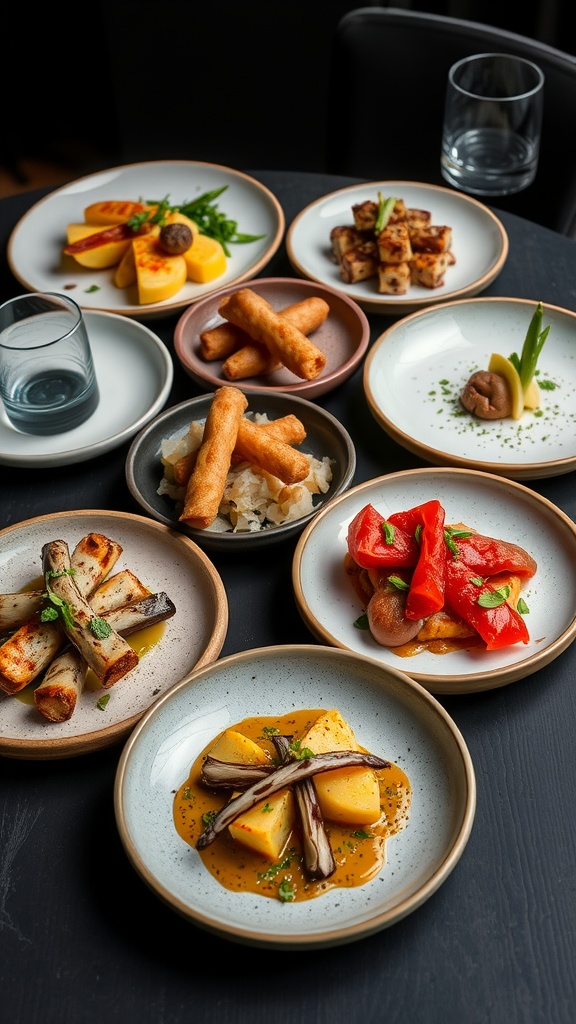 A variety of colorful tapas dishes served on plates, showcasing the vibrant culinary offerings at The Iberian Pig.