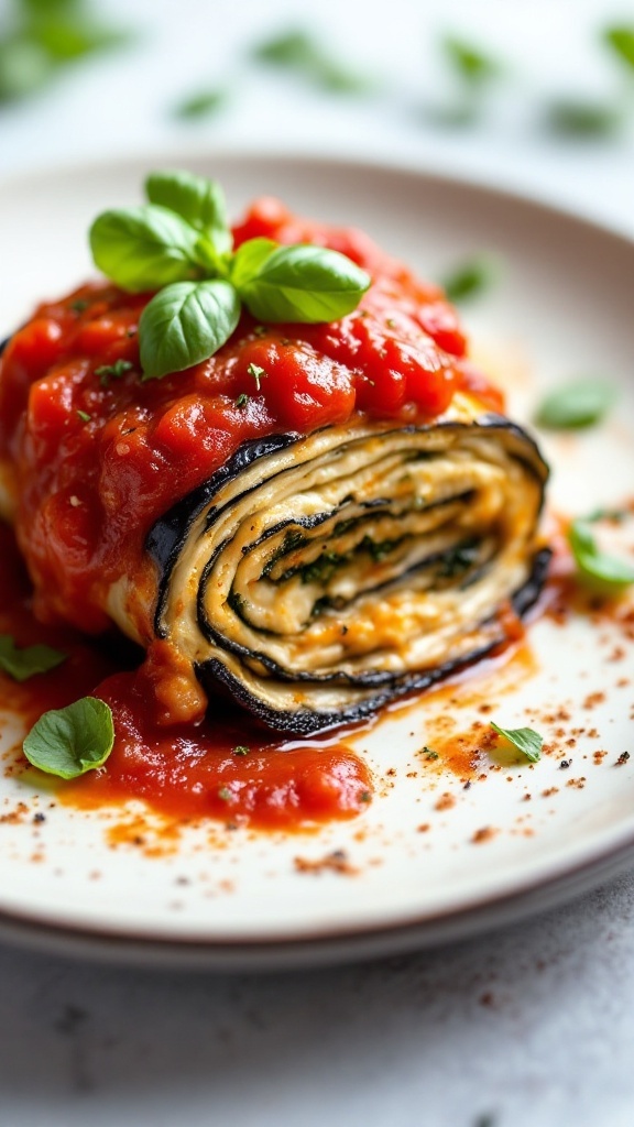 A plate of eggplant rollatini topped with marinara sauce and fresh basil.