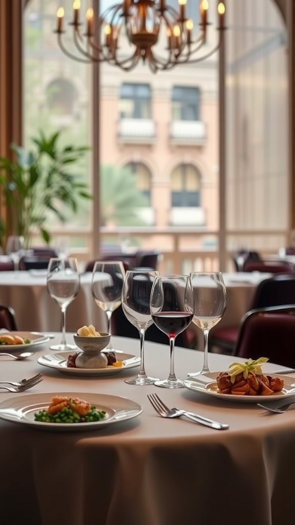 Elegant dining setup at Bacchanalia with plates of gourmet food and wine glasses