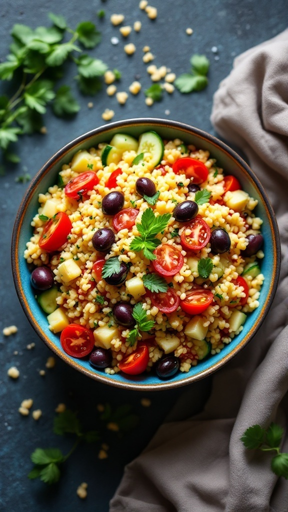 A vibrant Mediterranean Couscous Salad with colorful vegetables and herbs.