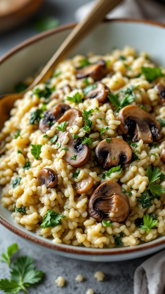 A bowl of creamy mushroom and spinach risotto topped with fresh parsley.