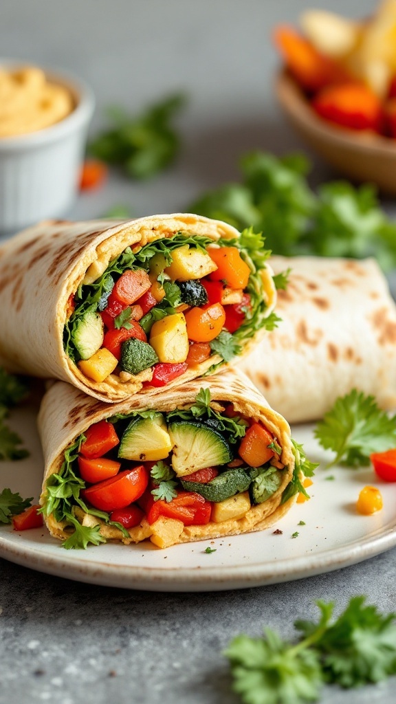 A delicious roasted vegetable and hummus wrap, filled with colorful veggies and fresh herbs.