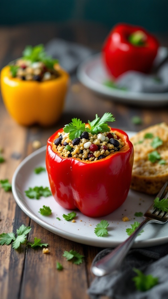 Vibrant stuffed bell peppers filled with quinoa and black beans on a plate.