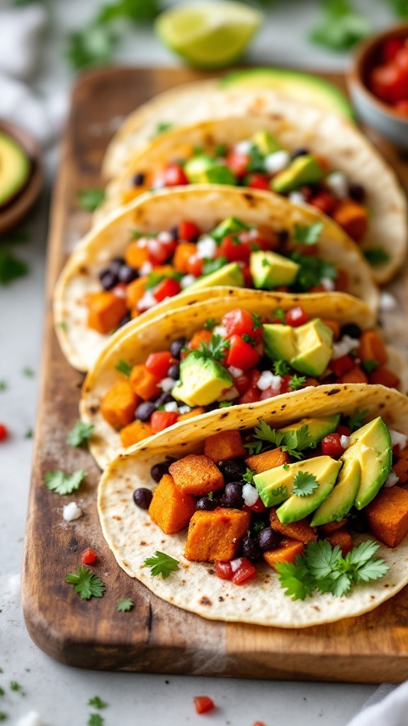 Delicious sweet potato and black bean tacos topped with avocado and cilantro on a wooden platter.