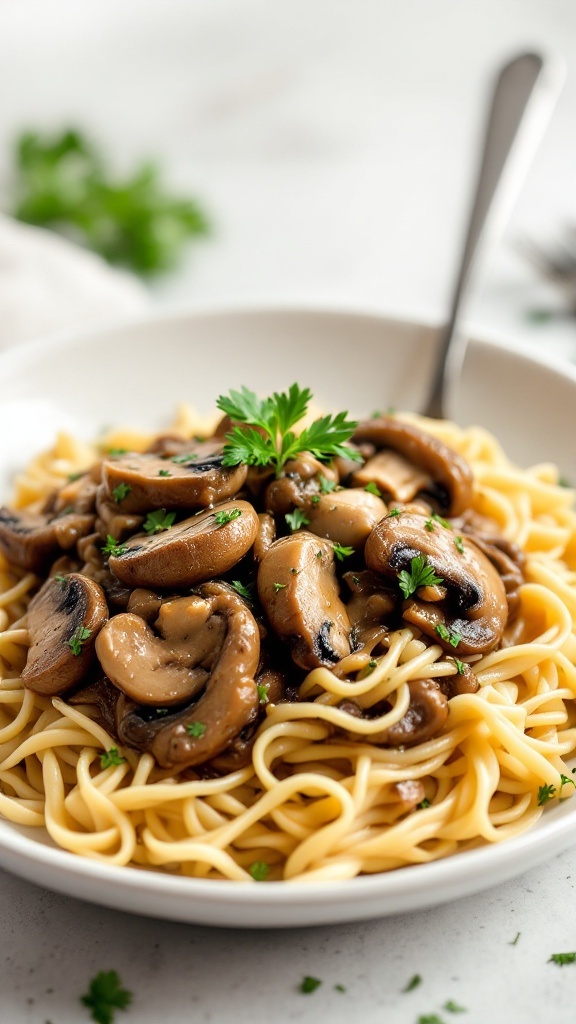 A bowl of Vegan Mushroom Stroganoff with pasta and mushrooms, garnished with parsley.