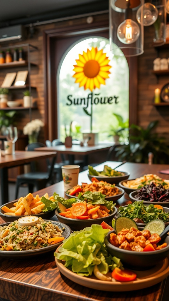 A variety of vegetarian dishes presented at Cafe Sunflower, showcasing vibrant colors and fresh ingredients.