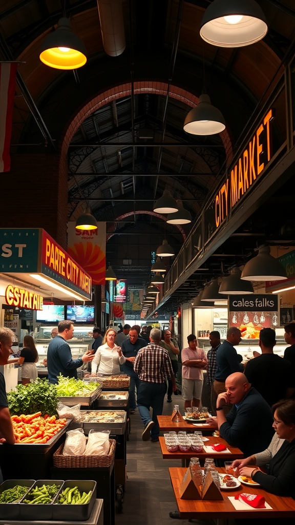 Interior view of Ponce City Market with vendors and people enjoying food.