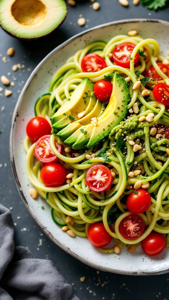 Zucchini noodles with avocado pesto, garnished with tomatoes and pine nuts