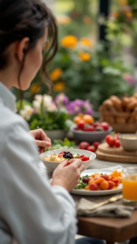 A woman enjoying a colorful bowl of fresh fruit in a vibrant setting.