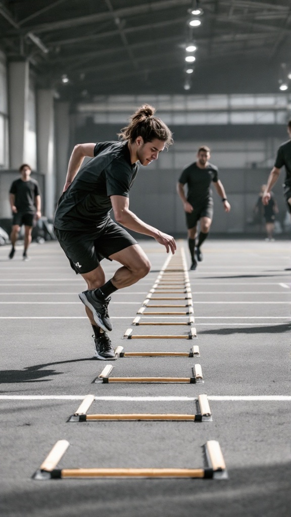 Athlete performing agility ladder drills indoors